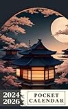 Pocket Calendar 2024 - 2026 With Moon Phase: Three-Year Monthly Planner for Purse , 36 Months from January 2024 to December 2026 | Japanese traditional house | Night view | Ninja | Vector image